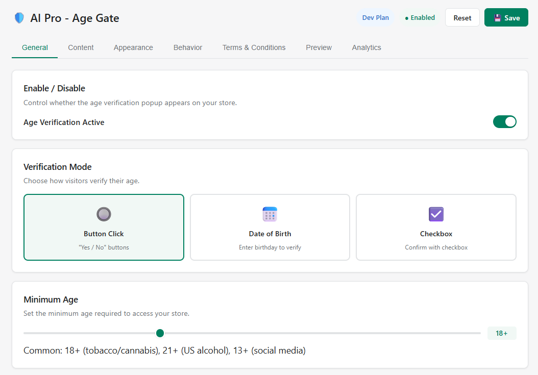 General settings showing verification mode selector and minimum age slider