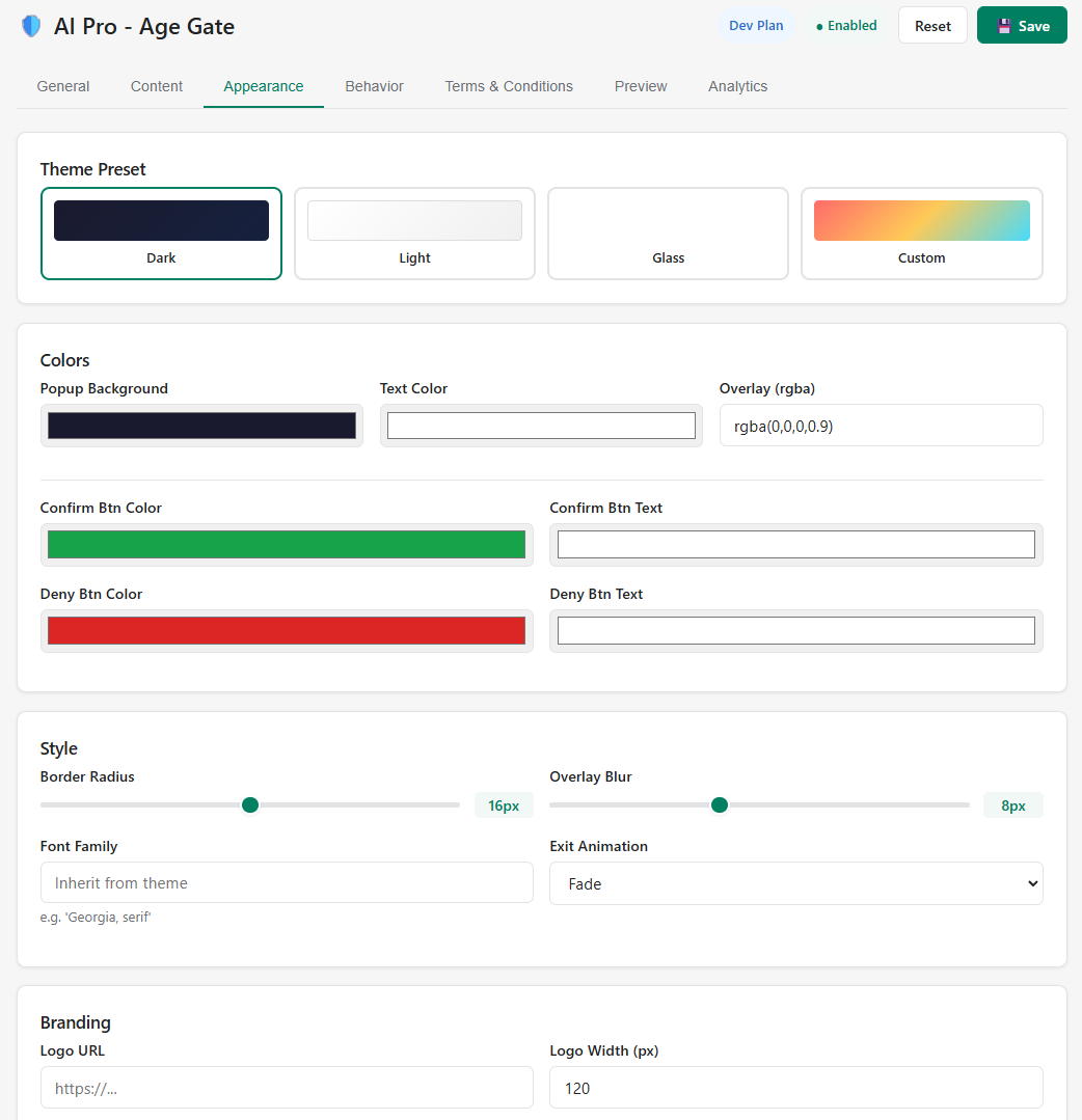 Appearance settings showing theme presets, color pickers, and style controls