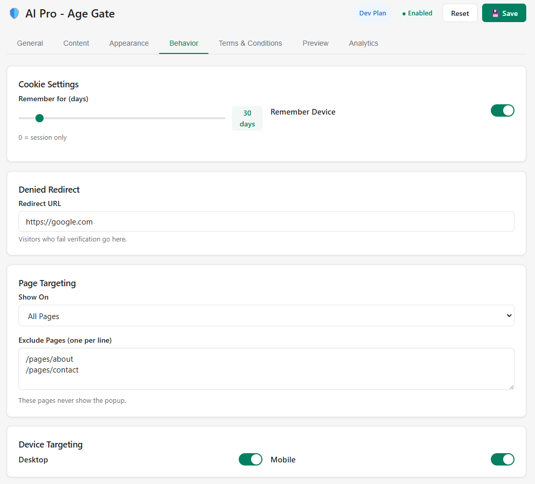 Behavior settings showing cookie duration, page targeting, and device toggles