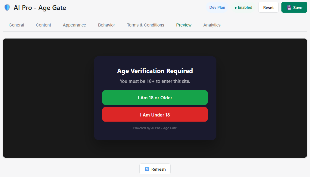 AI Pro Age Gate — Live popup preview showing age verification dialog